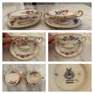 Castleton China Two 2 Soup Bowls Cups & Saucers Phoenix USA Gold Scalloped Edge